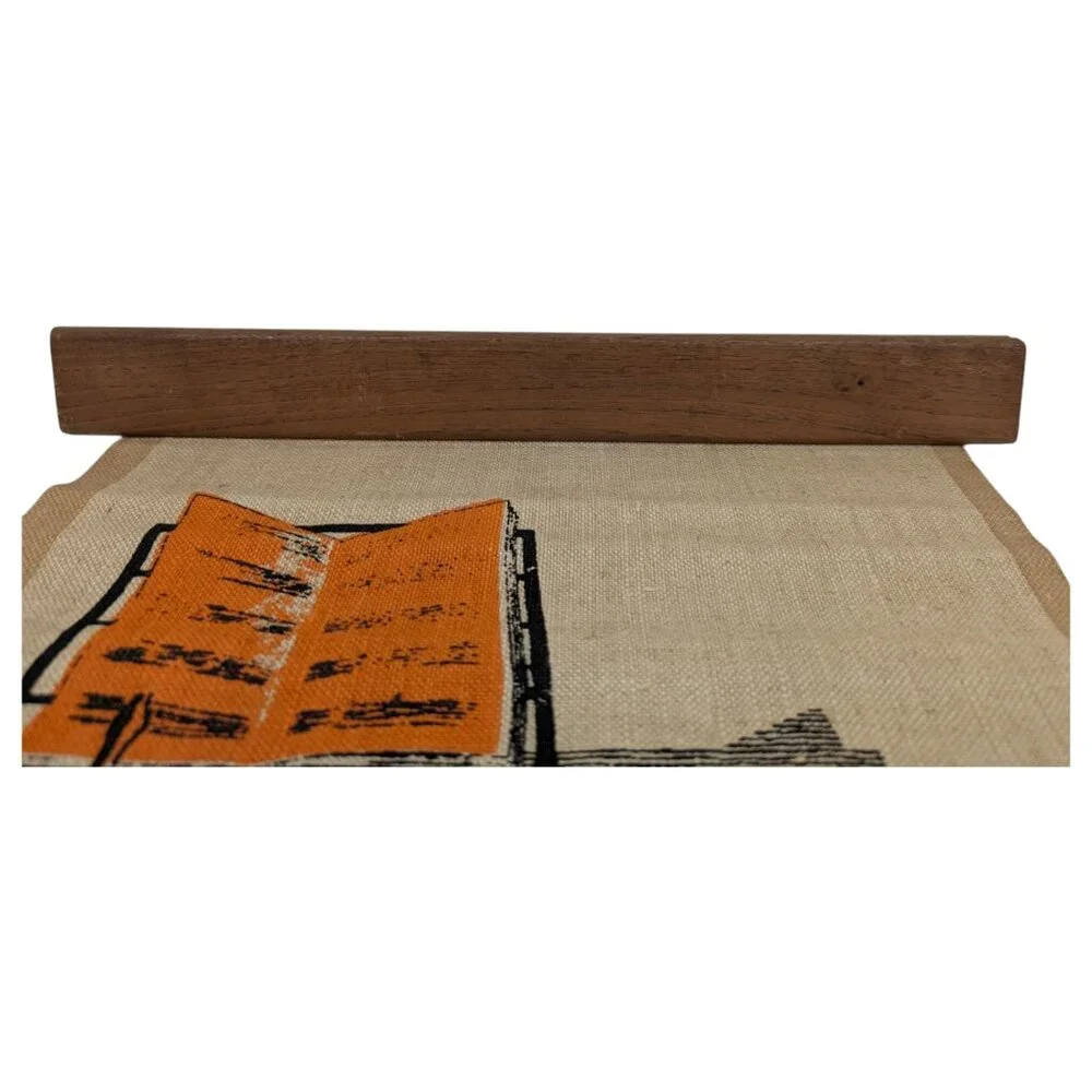 Mid Century Modern Silkscreen Scroll Tapestry Instrument On Linen MCM Horn *READ